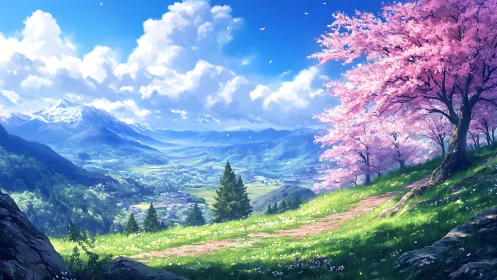 Digital landscape shows valley with cherry trees and mountains