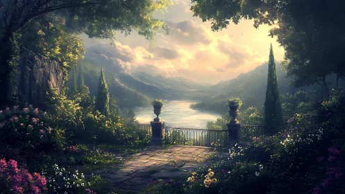 Digital painting of lakeside garden terrace in golden backlight.