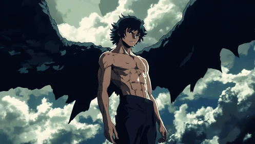 Brooding winged hero standing tall beneath stormy skies.