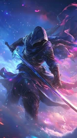 Starborne shadow knight dives through nebula-bright skies