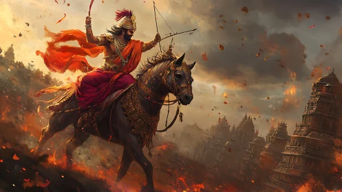 Warrior prince rides warhorse through burning ancient city.