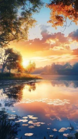 Sunset light over calm forest lake with lily pads reflected.