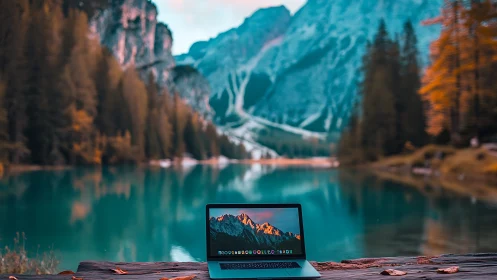 Photorealistic laptop on alpine lake deck with mirrored peaks.