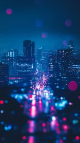 Neon city boulevard glows softly through a dreamy night rain
