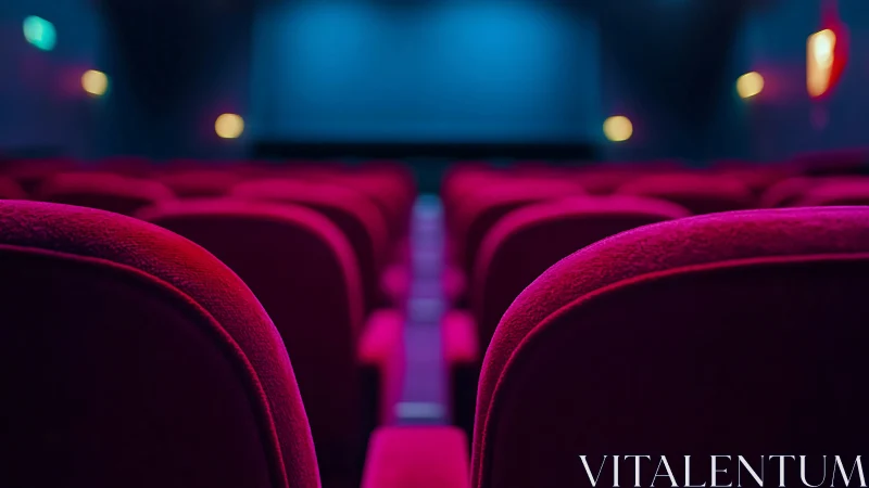 Cinematic perspective on magenta seats in dark auditorium.