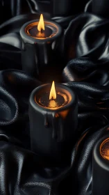 Black pillar candles burn on glossy draped black fabric