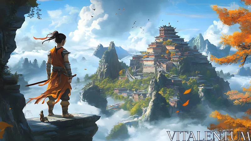 Warrior overlooks mountain temple complex above clouds