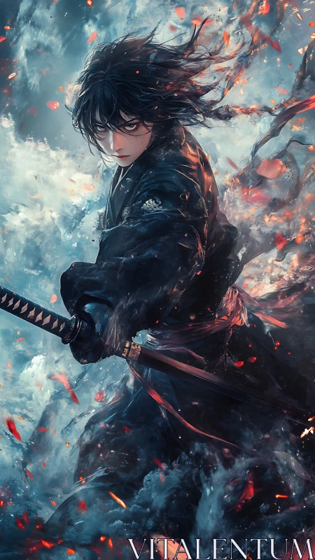 Storm-forged samurai warrior cuts through swirling embers.