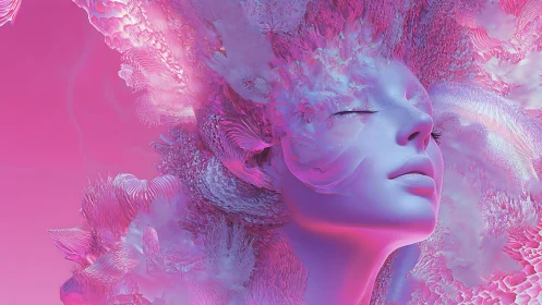 Digital profile of stylized face within pink abstract textures.