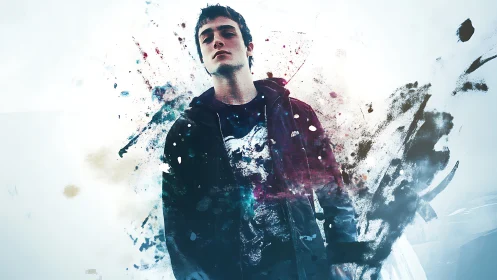 Confident young man stands amid bold splashes of color