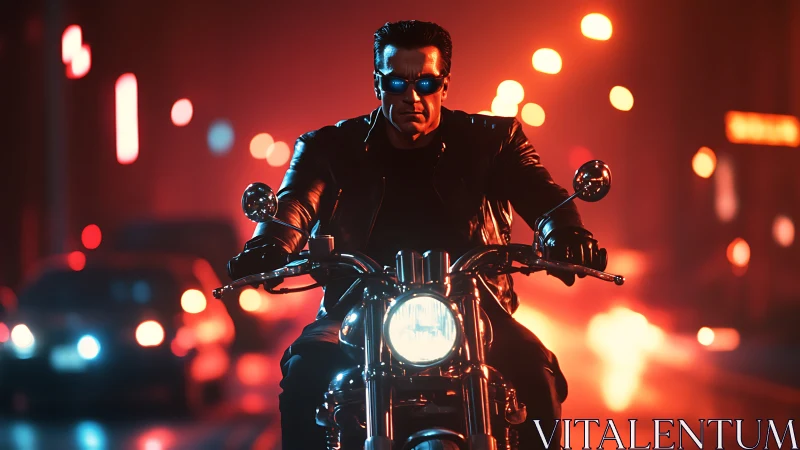 Cyber-noir rider advances through neon-lit urban corridor