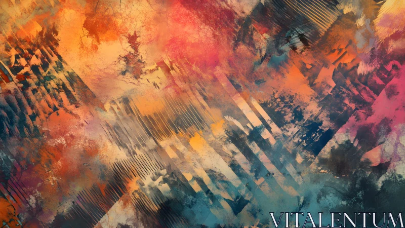 Vibrant Abstract Painting with Diagonal Brushstrokes and Warm Tones.