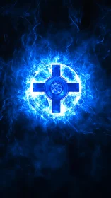 Luminous blue cross emblem inside swirling digital flames.