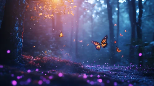 Enchanted forest twilight with golden butterflies in flight.