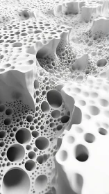 Porous white 3D surface with layered circular cavities.