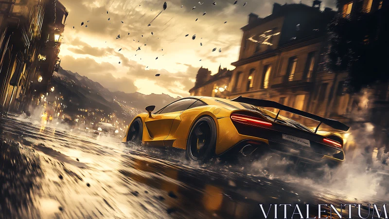 Yellow sports car on wet city street at dusk in motion.