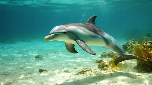 Graceful reef dolphin gliding through turquoise hush.