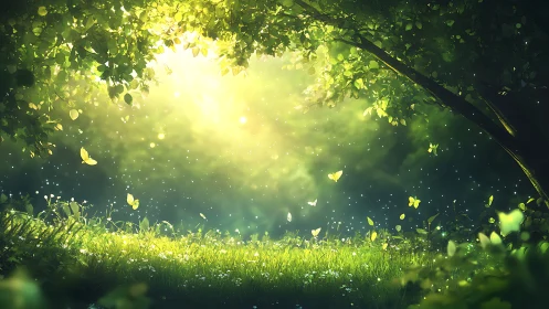 Magical sunlit forest glade with butterflies in dreamy, ethereal style.