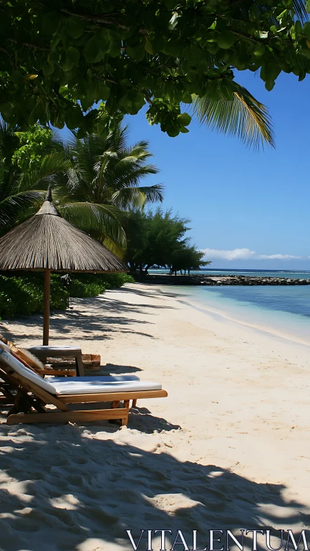 Tropical Beach Retreat with Thatched Umbrella and Lounger