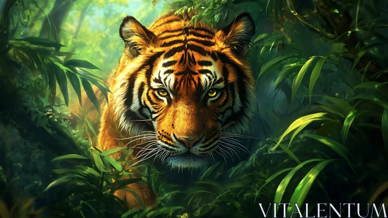 Jungle-eyed tiger prowling through emerald hush and shadow.