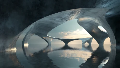 Futuristic stone bridge with massive arches over calm reflective water.