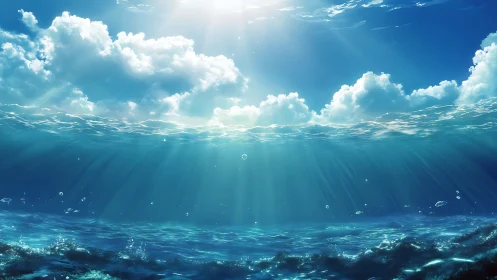 Ocean water surface with sunlight rays and cloud layer.