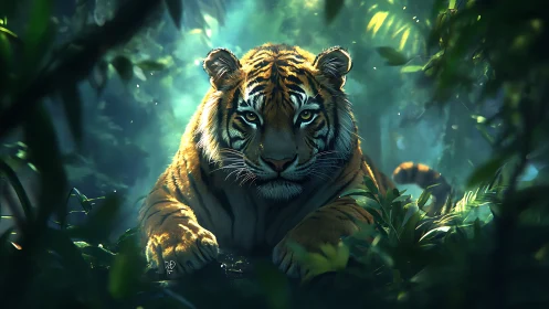 Digital tiger portrait within luminous jungle undergrowth.