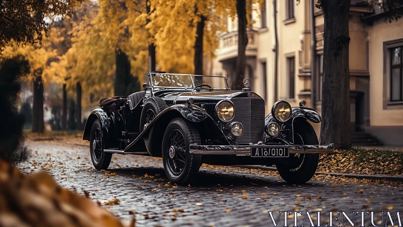 Vintage black roadster parked on cobbled autumn street.