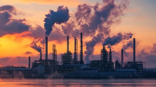 Industrial refinery skyline with heavy smoke at sunset.
