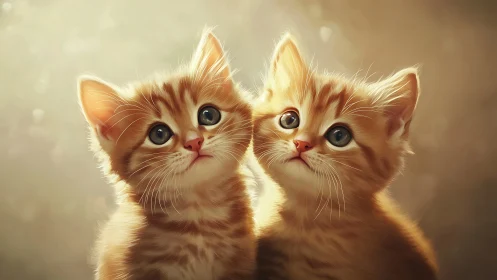 Twin Ginger Kittens with Wide Eyes Against Warm Backdrop.