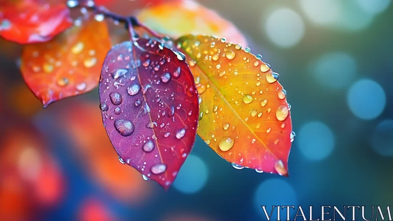 Macro study of dew-laden autumn leaves in bokeh field.