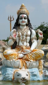 Marble deity sculpture in lotus pose with ornate adornments.