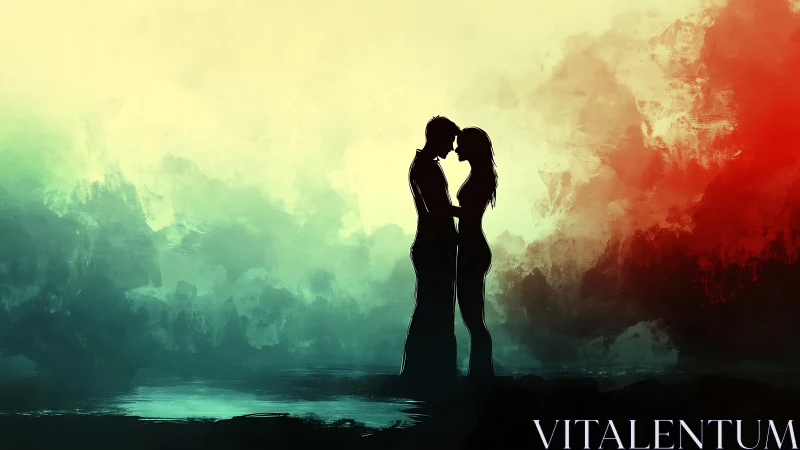 Two Hearts Silhouetted in Emerald Light.