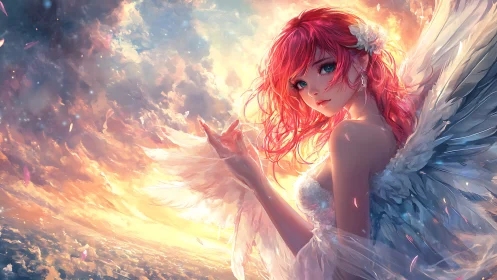 Radiant red haired angel watching a glowing sunset sky.