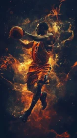 Flame-lit basketball warrior soaring through molten night sky.