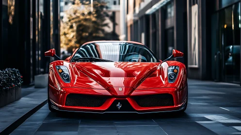 Red supercar front view reflects urban architecture precisely