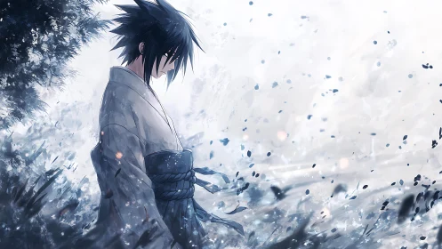 Solitary warrior stands amid swirling frostlit petals.