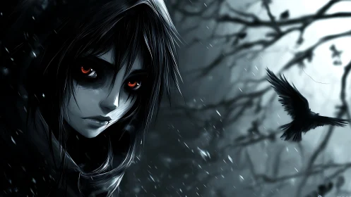 Hooded figure with red eyes in monochrome forest scene.