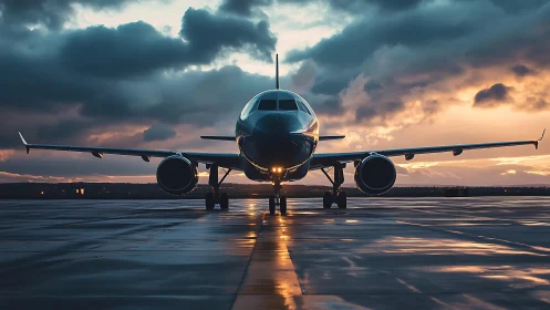 Runway dusk turns the waiting jet into a mirrored horizon line