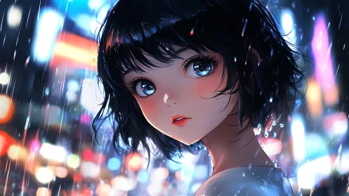 Neon rainlit gaze over a dreaming midnight city street.