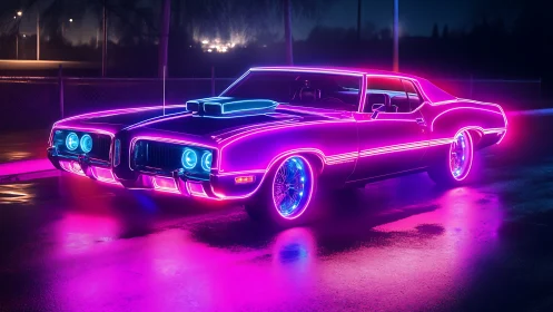Neon classic muscle car glows with bold retro night energy