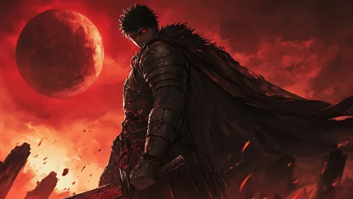 Lone warrior under a crimson moon in a storm of embers.