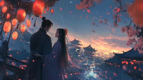 Romantic couple framed by lanterns over ancient cityscape at dusk