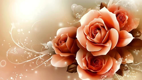 Coral Roses Digital Composition with Ornamental Flourishes and Light Effects