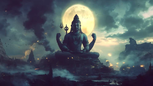 Luminous Shiva statue beneath full moon over misty citadel.