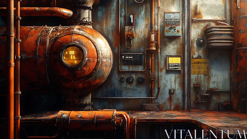 Rusty industrial control wall with pipes and gauges.