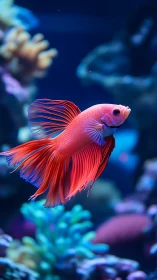 Crimson betta drifts like silk amid dreamy coral blues.