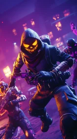 Hooded masked soldier in neon urban combat environment.