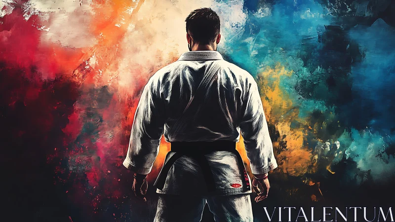 Martial artist in gi before abstract color background.