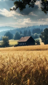 Golden wheat field surrounds dark cottage under soft haze.